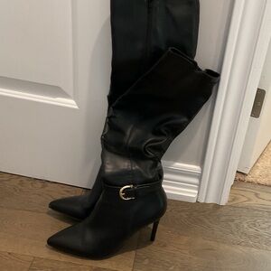 le chateau Black Pointed-Toe Knee Boots with Gold Buckle